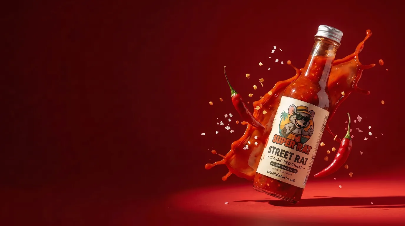 Street Rat hot sauce — mid-splash