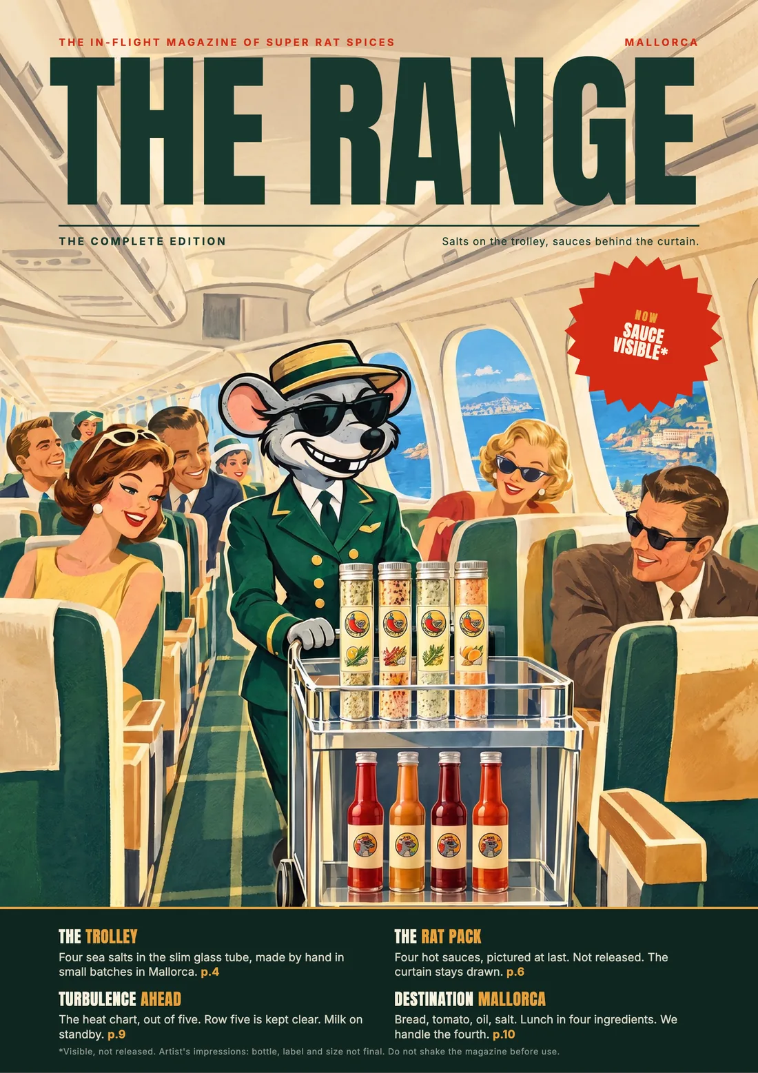 The cover of The Range, The Complete Edition: the rat in cabin-crew uniform pushes a trolley of sea-salt tubes and hot-sauce bottles down the aisle of a vintage aeroplane.