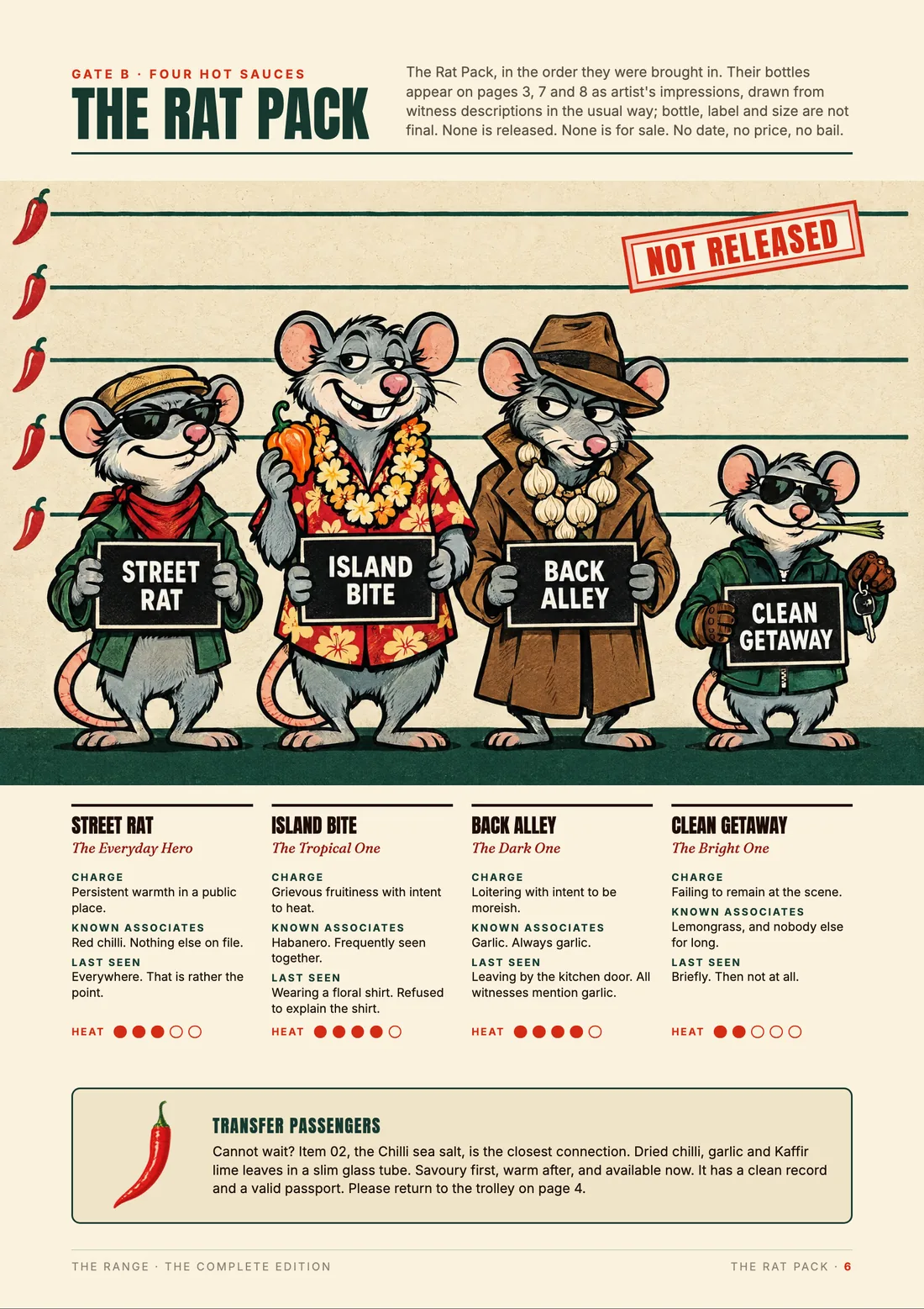 Page 6, The Rat Pack: four hot sauces drawn as four rats in a police line-up, holding boards that read Street Rat, Island Bite, Back Alley and Clean Getaway, under a red “Not released” stamp. The text says the bottles are artist's impressions (bottle, label and size not final) and that none is released or for sale, with no date and no price. A mock charge sheet for each sauce, with a heat rating. A box for transfer passengers points to the Chilli sea salt on page 4 as the closest thing available now.