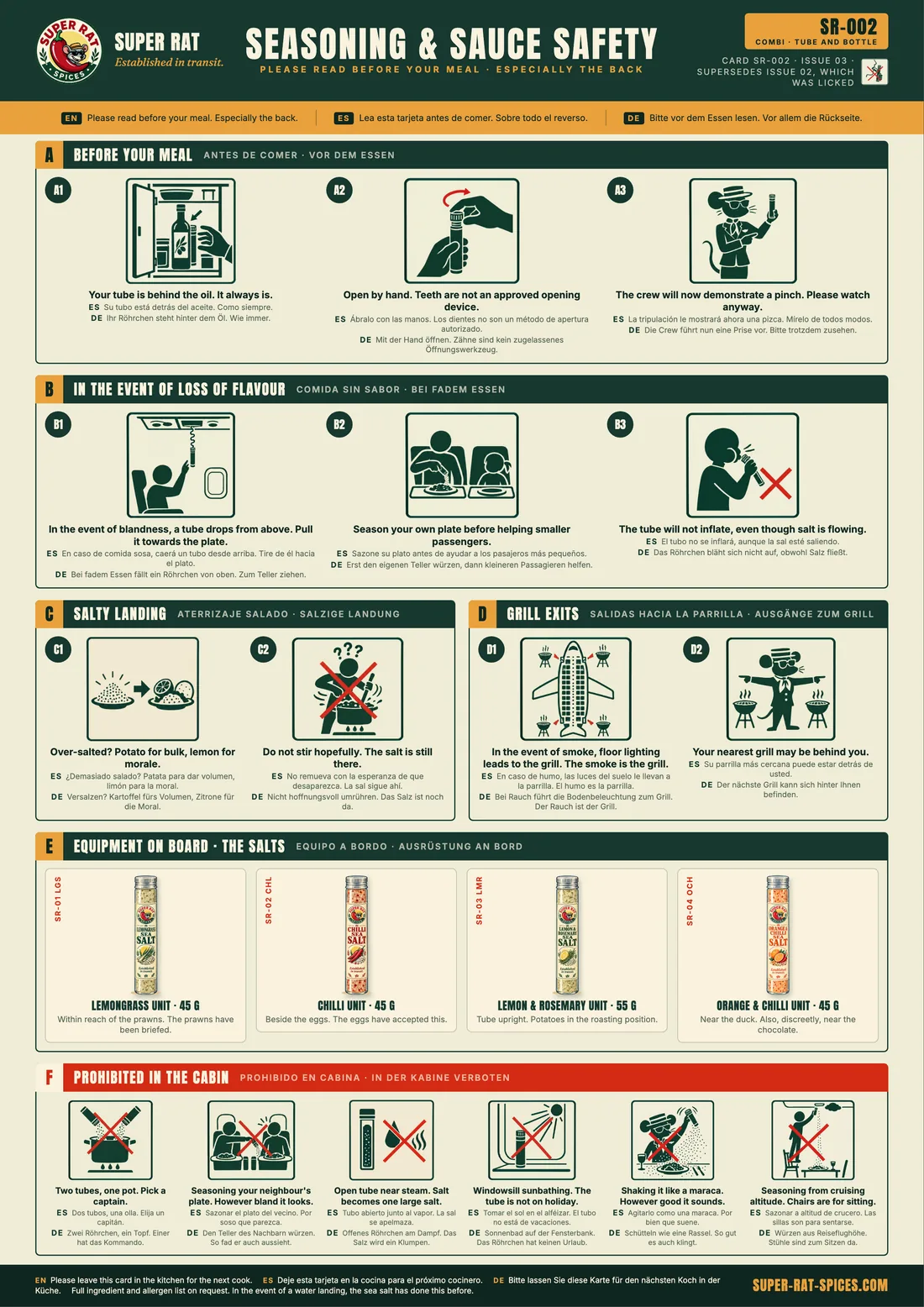 Front of safety card SR-002, Seasoning & sauce safety, in English, Spanish and German, drawn as an airline safety card with pictograms of the rat and a salt tube. A, before your meal: the tube is behind the oil; open by hand; watch the crew demonstrate a pinch. B, in the event of loss of flavour: a tube drops from above; season your own plate first. C, salty landing: potato for bulk, lemon for morale. D, grill exits. E, equipment on board: the four salts, Lemongrass 45 g, Chilli 45 g, Lemon & Rosemary 55 g and Orange & Chilli 45 g. F, prohibited in the cabin, such as shaking the tube like a maraca. Full ingredient and allergen list on request.