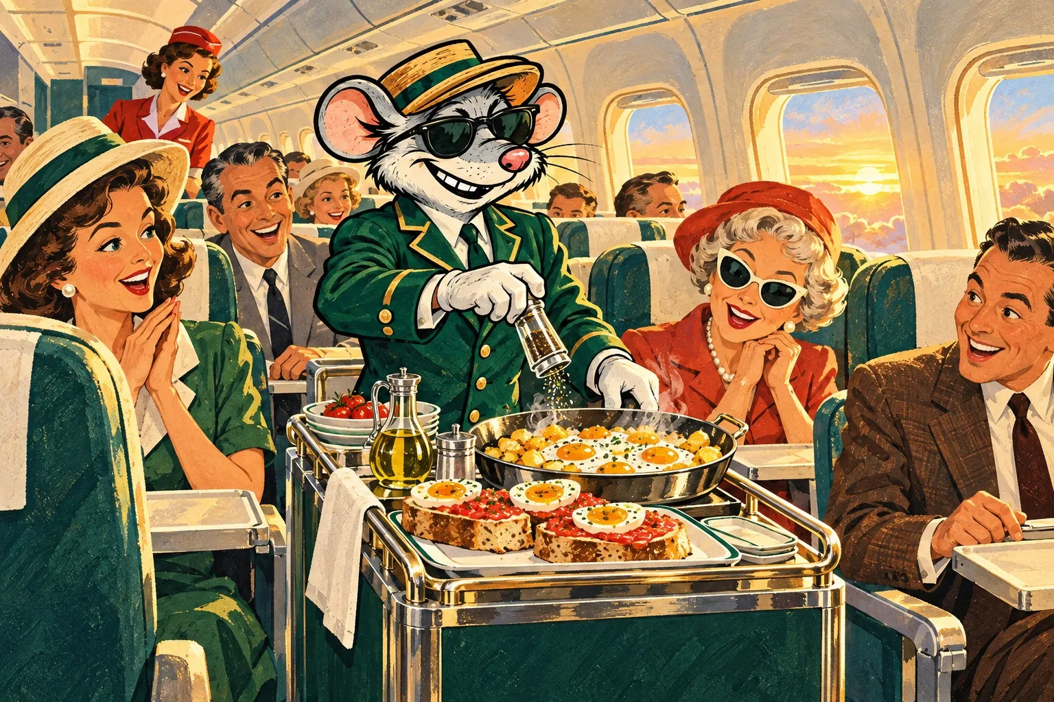 The rat, in a green cabin-crew uniform, boater and sunglasses, sprinkles seasoning from a small shaker over a pan of fried eggs and potatoes on a chrome breakfast trolley. Beside the pan: toast with crushed tomato and halved soft-boiled eggs, a jug of olive oil and a bowl of cherry tomatoes. Delighted passengers in vintage hats and suits watch from their seats as the sun rises through the oval windows.