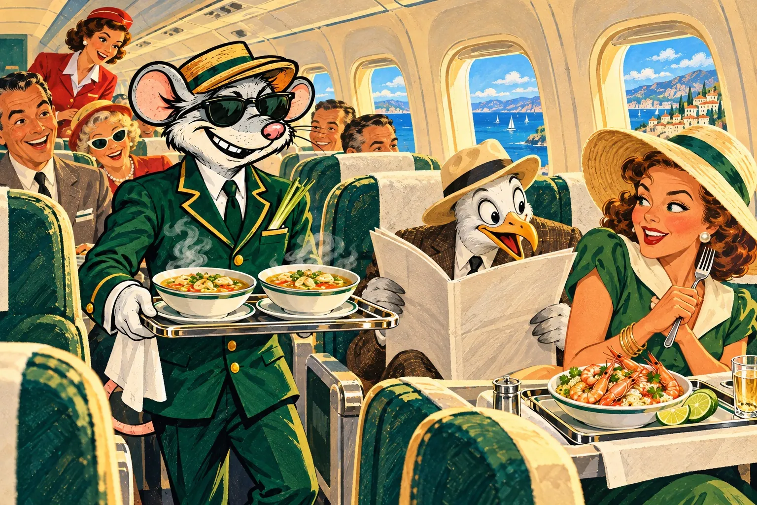 The rat in cabin-crew uniform carries a tray with two steaming bowls of noodle soup down the aisle, a stalk of lemongrass in his breast pocket. In the window seat a seagull in a straw hat and tweed jacket lowers its newspaper to stare at the prawn rice bowl with lime wedges on the tray table of the woman beside him, who holds her fork and smiles. A blue sea, sailing boats and a hillside town fill the windows.