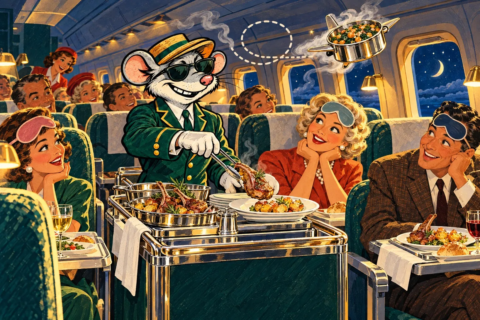 Night in a dimmed cabin, a crescent moon in the window. Under the reading lights the rat in cabin-crew uniform lifts a lamb chop with silver tongs onto a plate of crispy potatoes, beside a pan of chops with rosemary. Overhead, a steaming pot of chickpeas and spinach with little wings circles on a dotted flight path. Passengers with sleep masks pushed up on their foreheads look on, smiling.