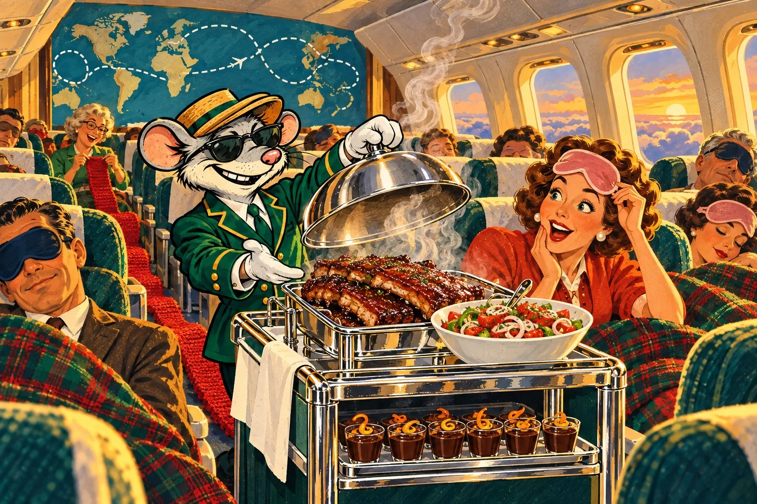 Late afternoon on a long-haul flight. Under a world map painted with a long dotted route, the rat in cabin-crew uniform lifts a silver dome off a tray of sticky glazed ribs, beside a bowl of tomato, pepper and onion salad. On the trolley's lower shelf stands a row of small chocolate pots. Passengers doze under tartan blankets in eye masks; one woman pushes up her mask to look.