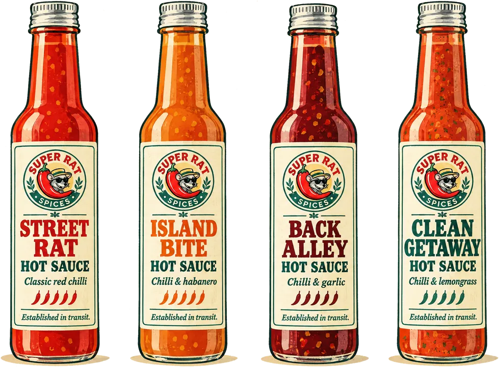 Artist's impression of the four Super Rat hot sauces: Street Rat, Island Bite, Back Alley and Clean Getaway