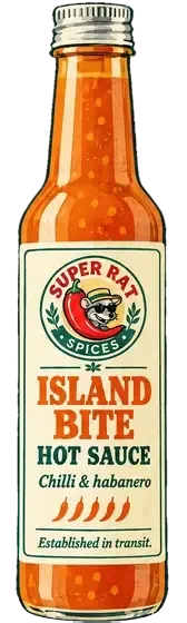 Artist's impression of the S2 Island Bite hot sauce bottle